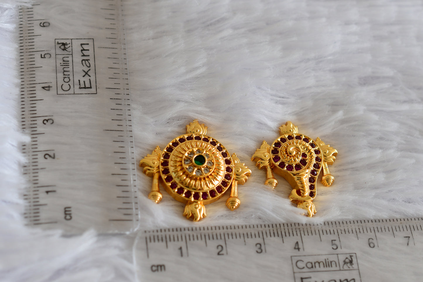 Gold tone pink-green-white shanku-chakra for pooja room dj-52310