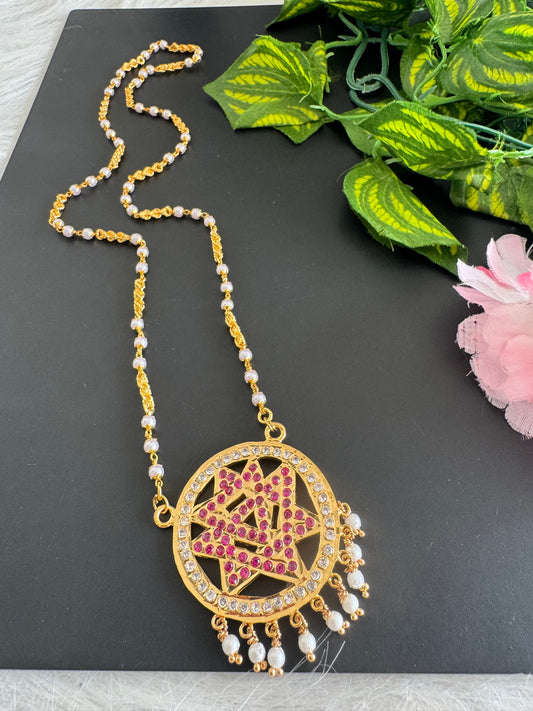 Gold tone 24 inches pearl chain with AD pink Chakram pendant dj-51193