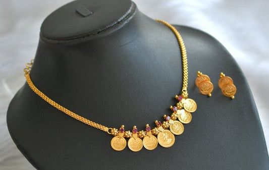Gold tone ruby stone lakshmi coin necklace set dj-45862