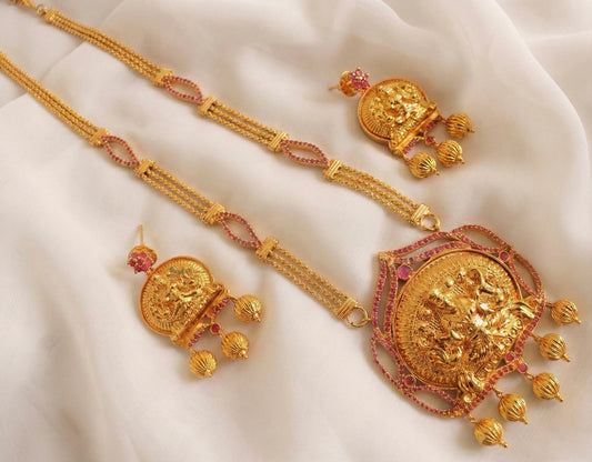Gold Tone Ruby Lakshmi Necklace Set-dj07835