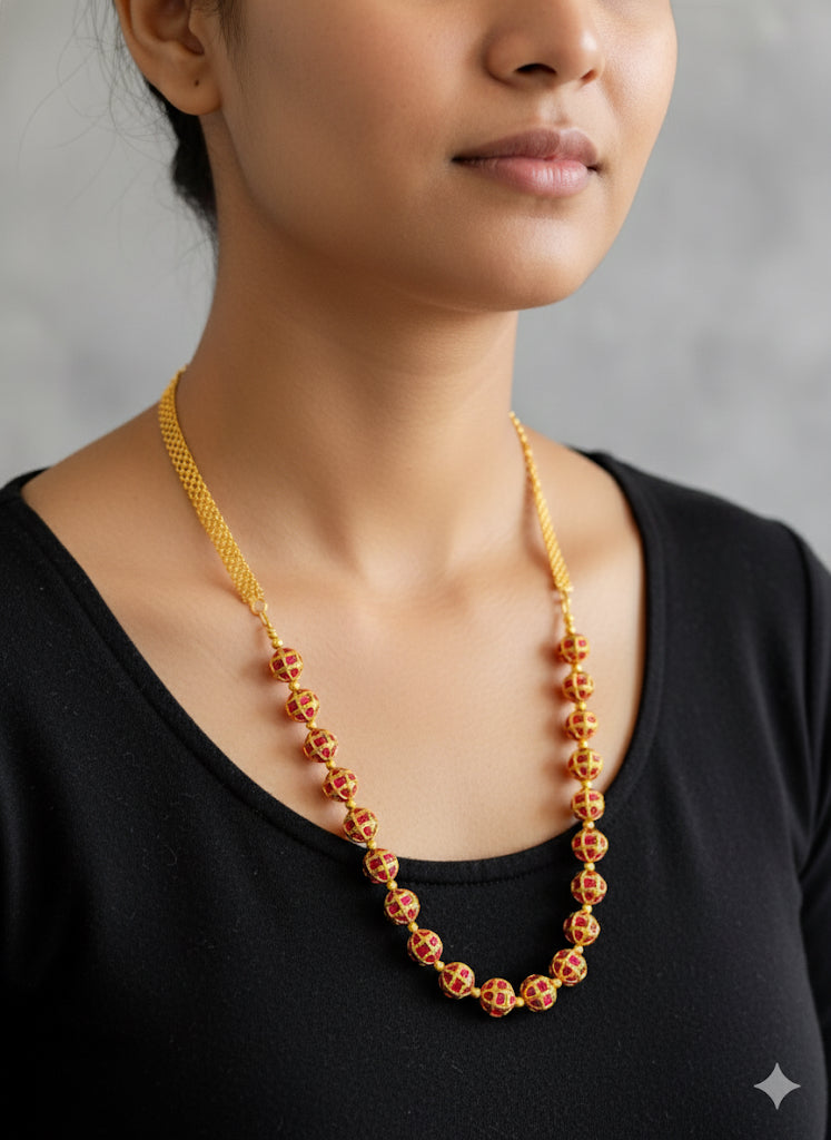 Matte finish pink stone jadau beaded chain dj-51511