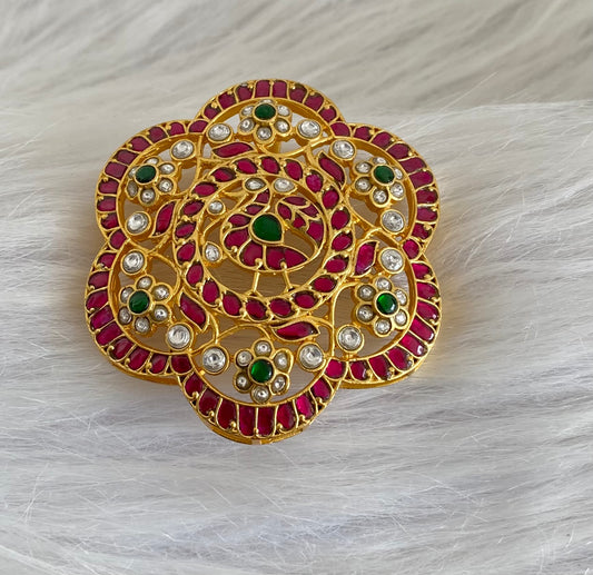 Gold tone pink-green-white kundan jadau peacock flower pendant dj-54172