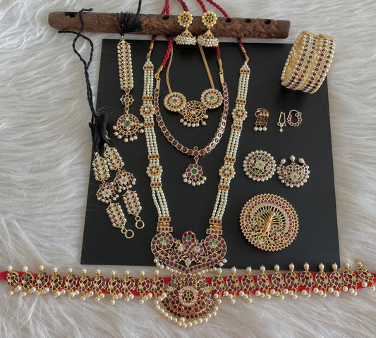 Gold tone precious kemp-green-white pearl peacock bridal set dj-53963