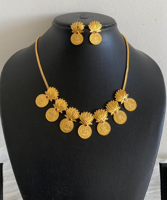 Gold tone pink stone lakshmi coin lotus necklace set dj-54120