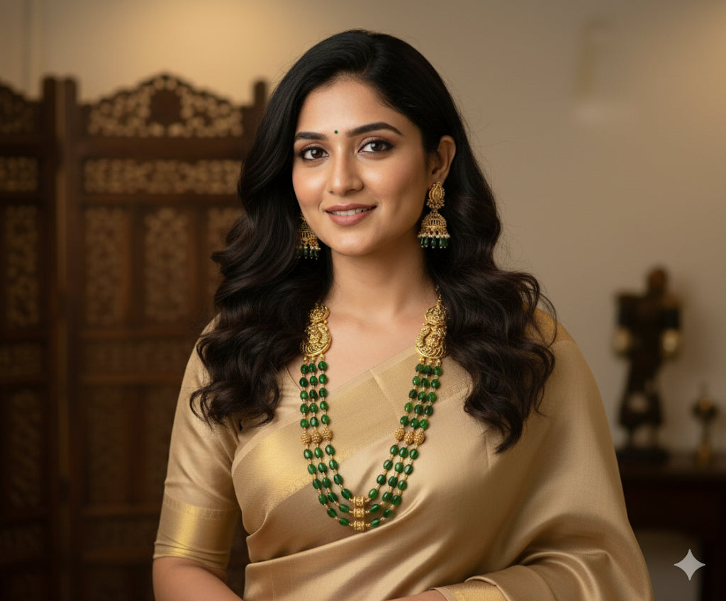 Antique gold tone green beaded lakshmi peacock multi layer haar set dj-48298