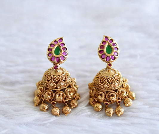 Antique gold tone ruby-green mango-peacock jhumkka dj-51934