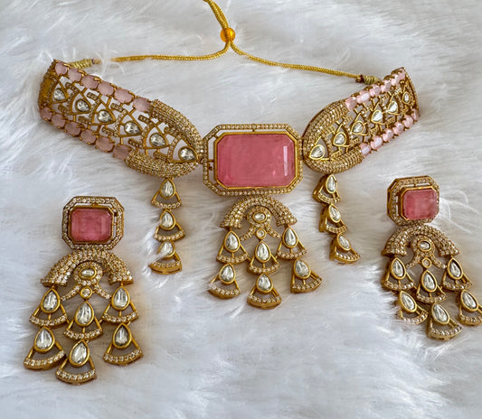 Antique gold tone cz kundan baby pink choker necklace set dj-51076