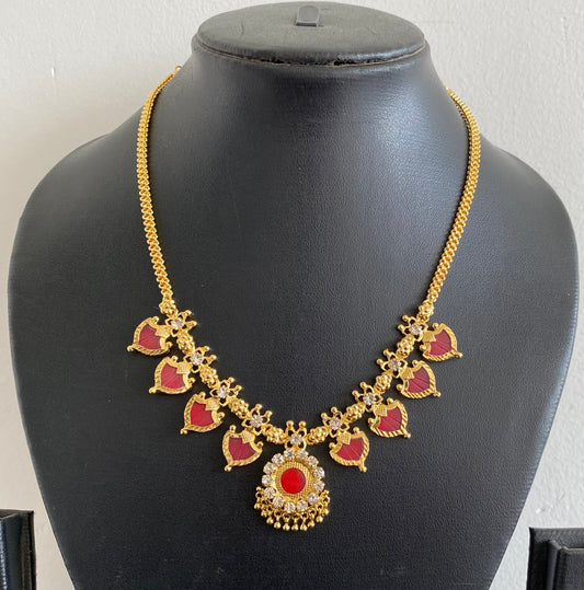 Gold tone white-red palakka necklace dj-53068