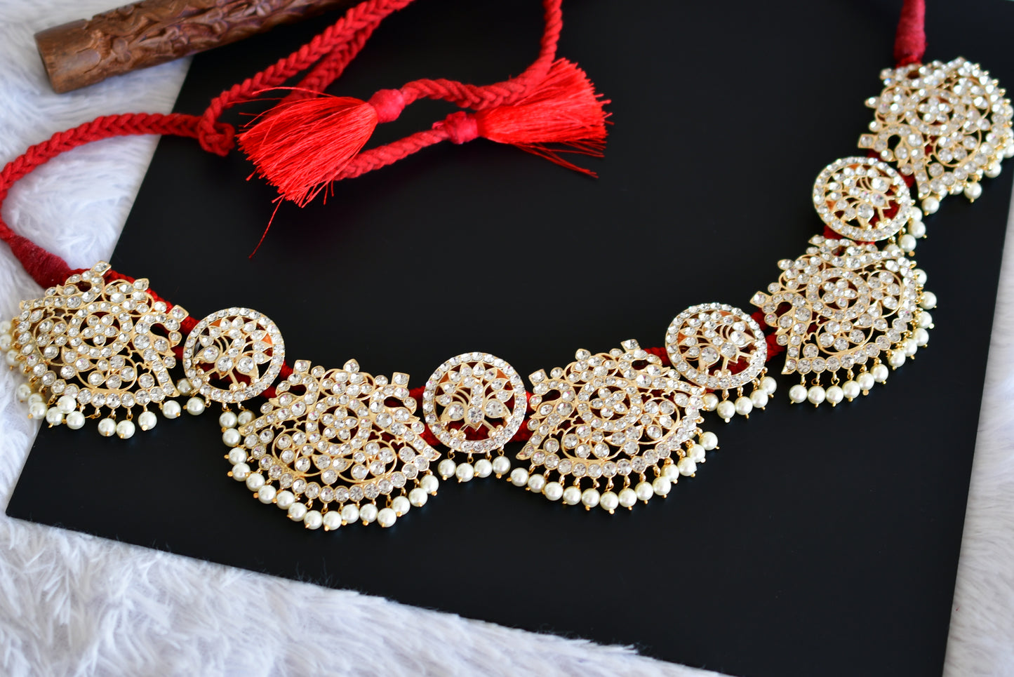 Gold tone AD white pearl peacock waist band dj-52539