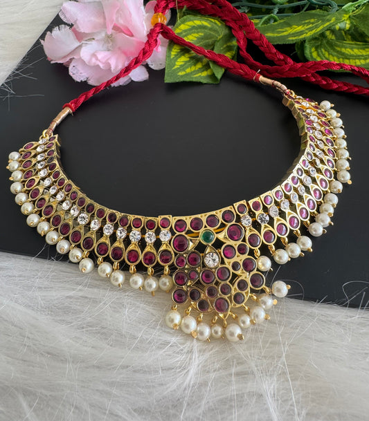 Gold tone precious kemp-green-white pearl bead choker necklace dj-51185