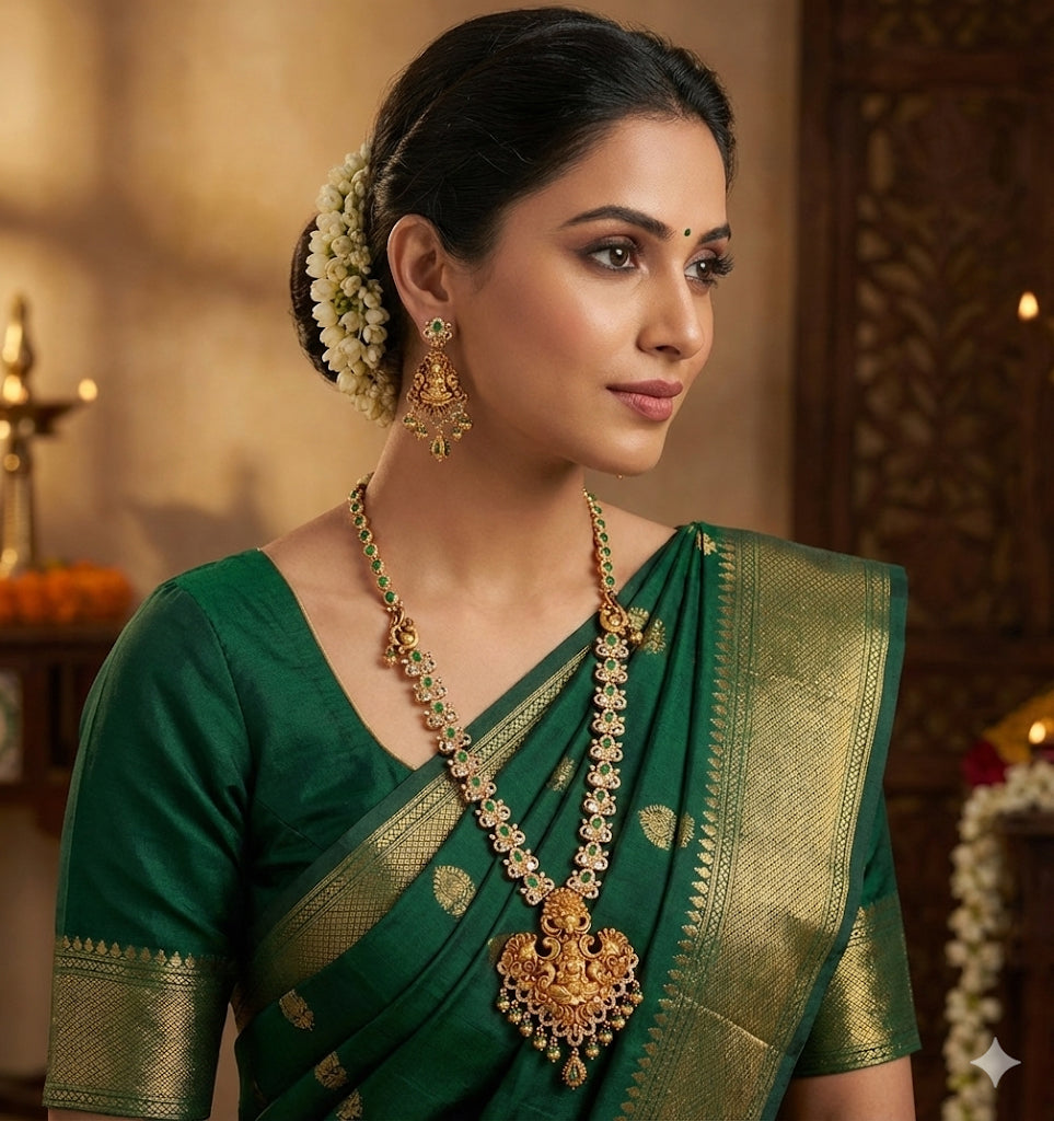 Matte finish cz green lakshmi peacock haar set dj-52435