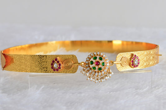 Gold tone pink-green-white kundan jadau round mango waist band dj-52177