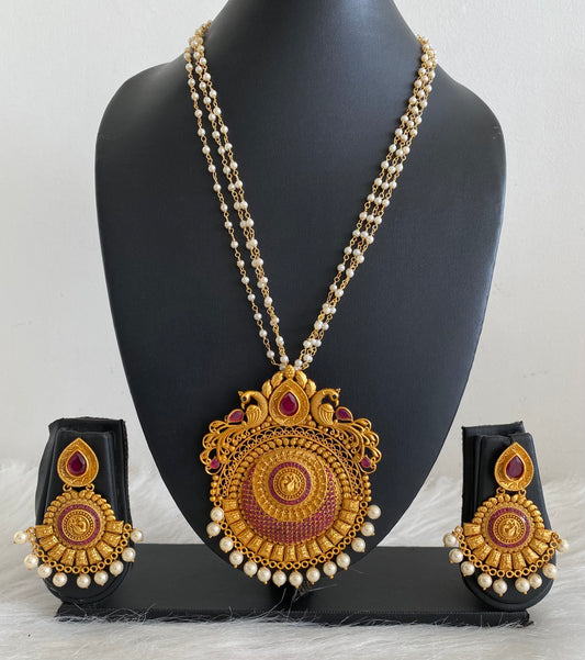 Matte Finish Ruby Big pendant Peacock Pearl Necklace Set-dj08220