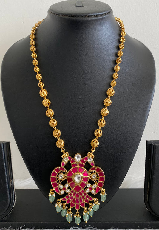 Gold tone pink-green-white kundan jadau Gandaberunda reversible necklace dj-53994