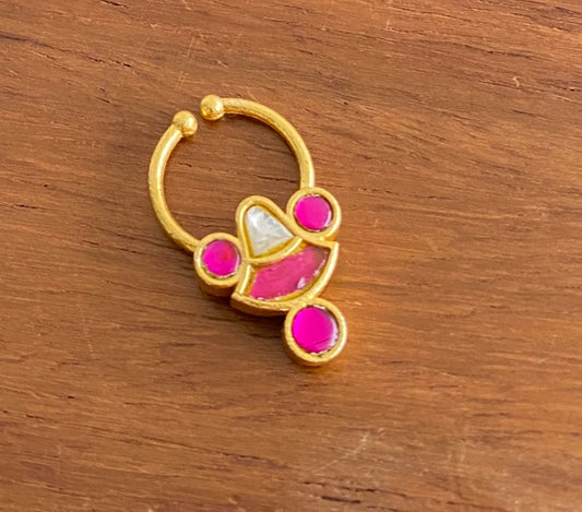 Gold tone kundan jadau pink-white stone nose pin/bulakku dj-53767