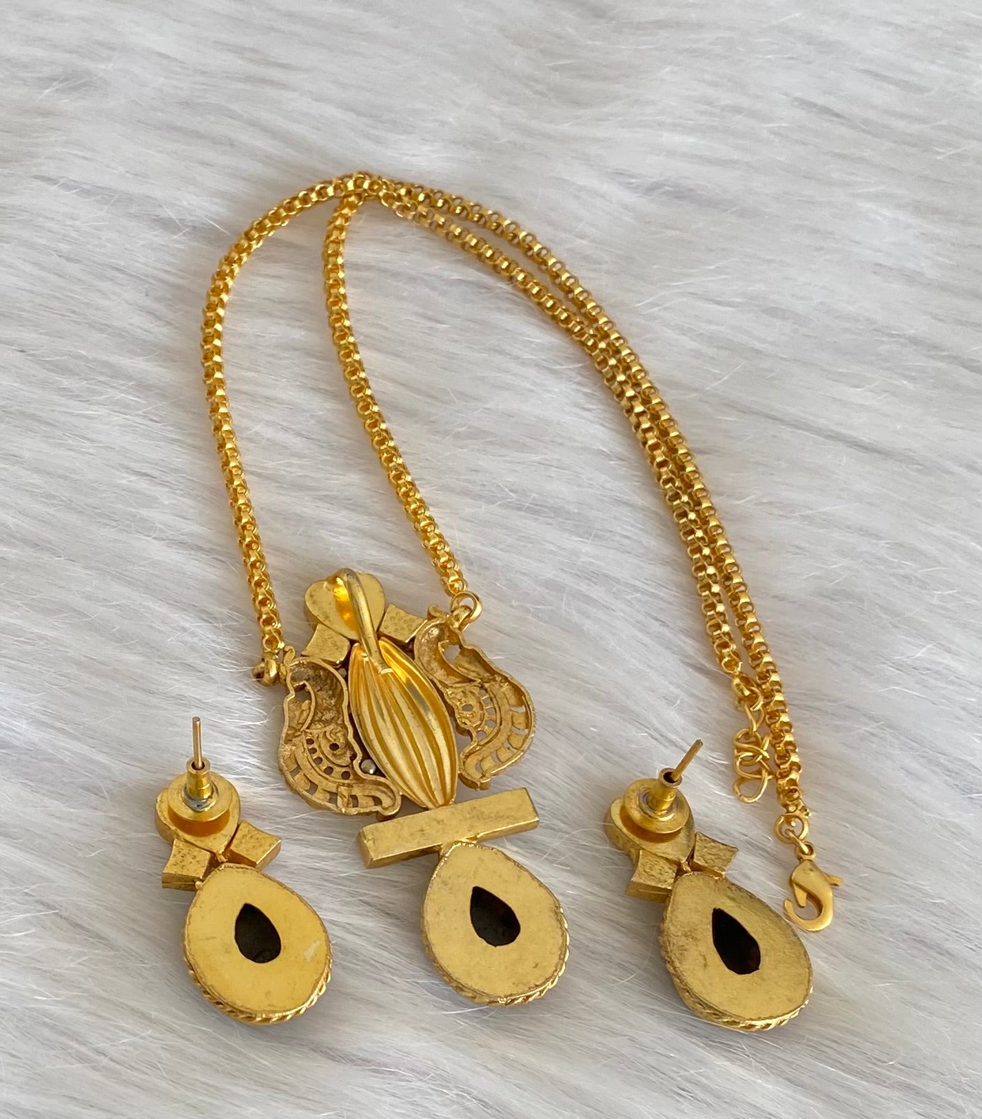 Antique gold tone peacock natural stone turquoise jadau necklace set dj-54194