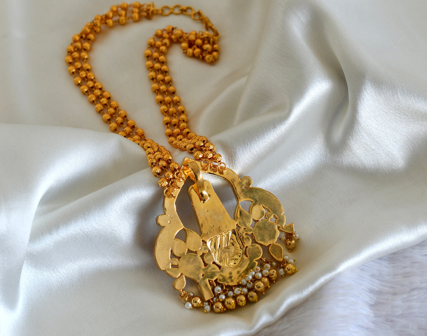 Gold tone pink-blue-green kundan jadau Shri Thirumal necklace dj-52571