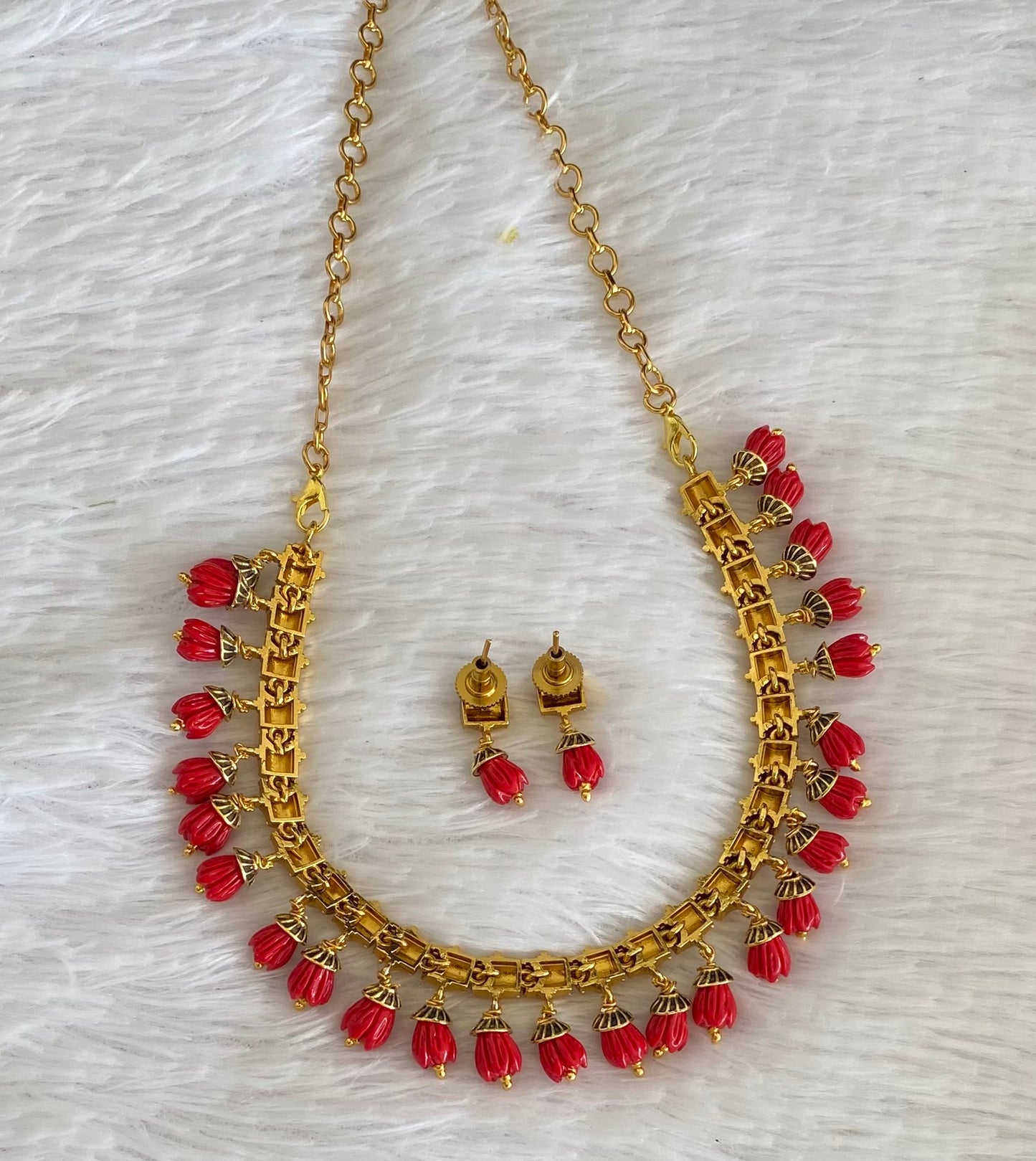 Antique gold tone red tulip beaded necklace set dj-54190