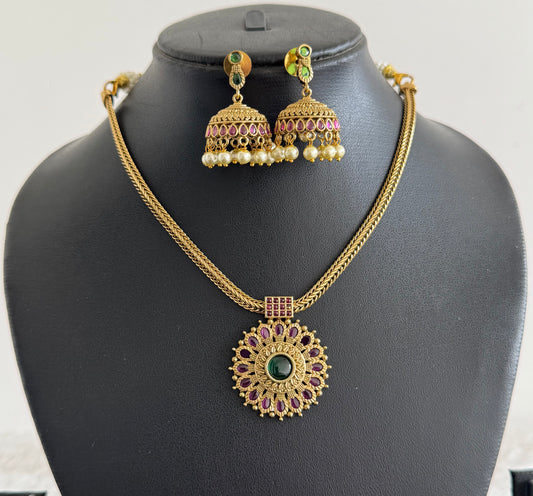 Antique gold tone kemp-green kerala style necklace set dj-52077