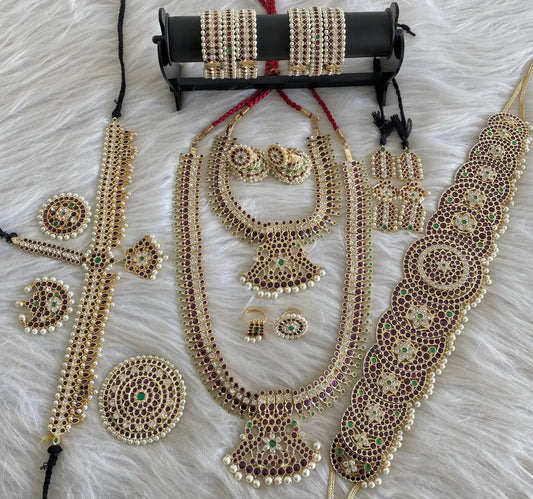 Gold tone precious kemp-green-white pearl peacock bridal set dj-53965