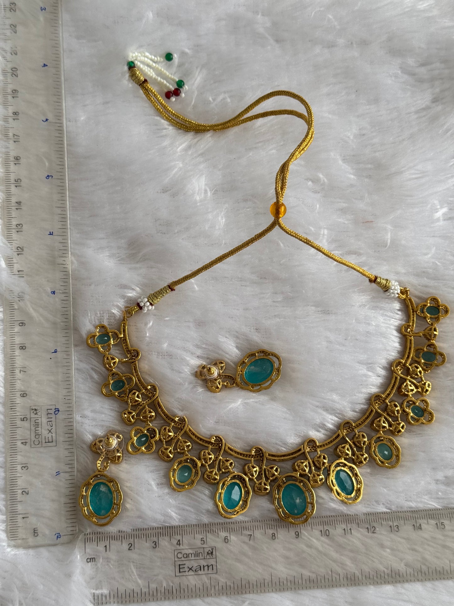 Antique gold tone cz light blue moissanite necklace set dj-51074