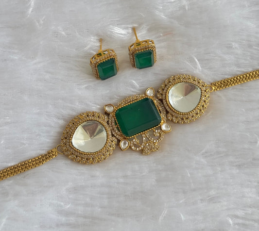Antique gold tone cz big stone white-bottle green choker necklace set dj-51090