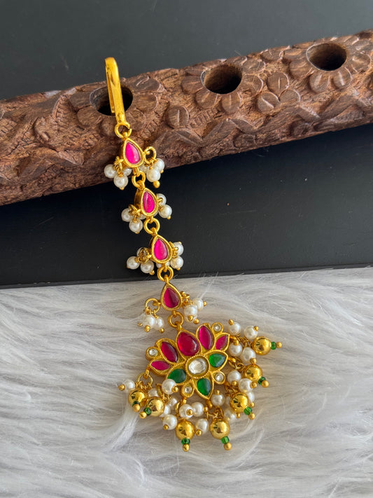 Gold tone pink-green-white Kundan jadau lotus tikka dj-36357