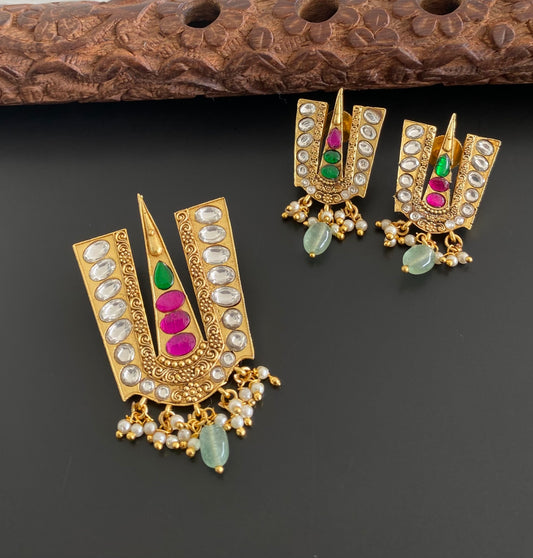Gold tone white-green-pink kundan jadau thirumal nama pendant set dj-53984