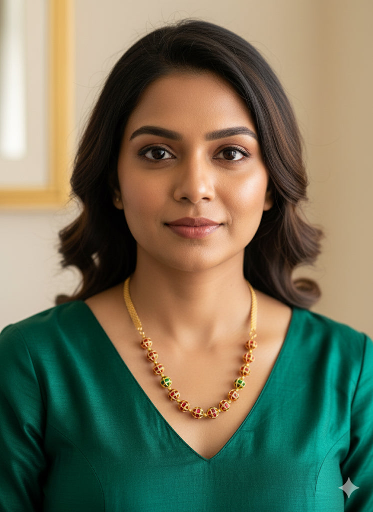 Matte finish pink-green stone jadau beaded chain dj-51512