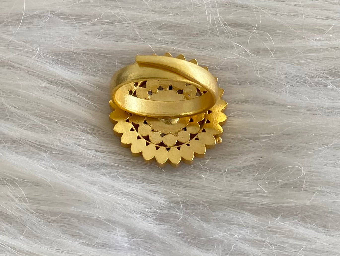 Gold tone pink-green-white kundan jadau round finger ring dj-54321