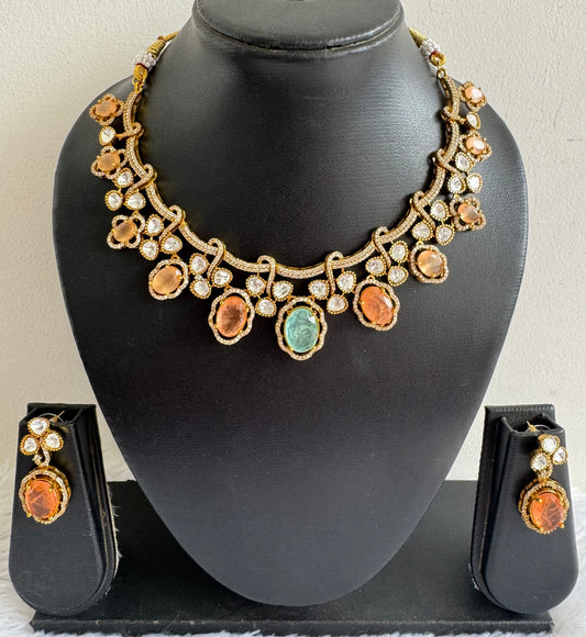 Antique gold tone cz sea green-peach moissanite necklace set dj-51073