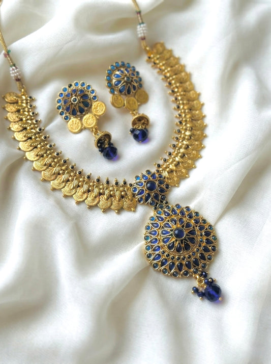 Antique gold tone blue peacock coin necklace set-dj04158