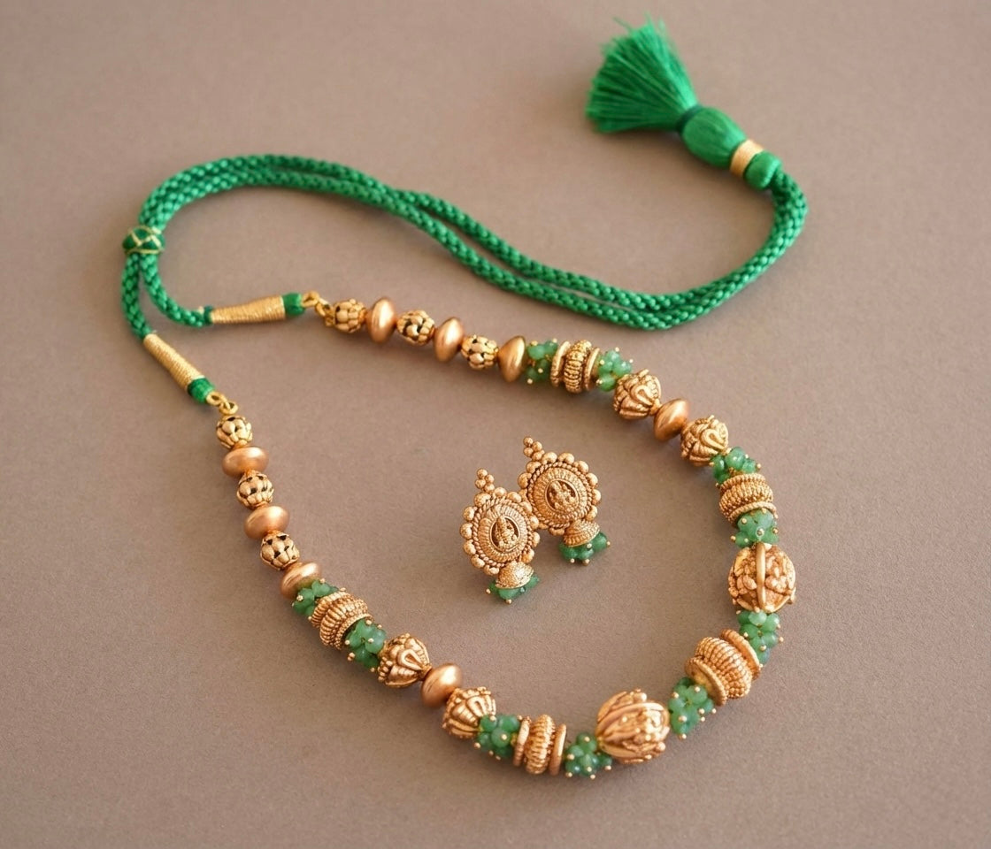 Antique gold tone flower green nakshi beaded necklace set dj-52698