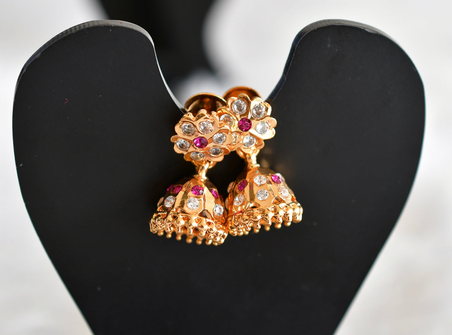 Gold tone AD pink-white flower small jhumkka dj-51892