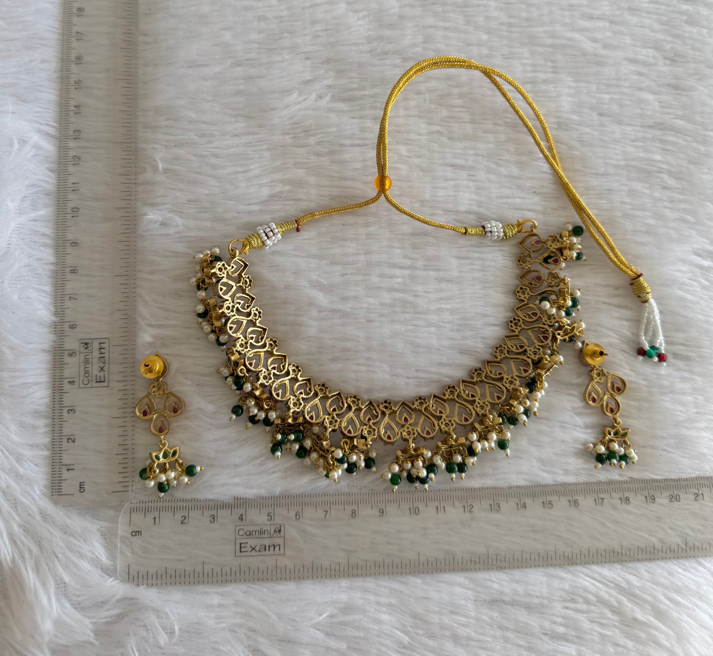 Matte finish kemp-green lotus pearl cluster choker necklace set dj-52127