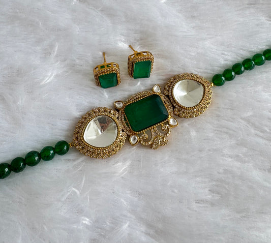 Antique gold tone cz big stone white-bottle green choker necklace set dj-51091
