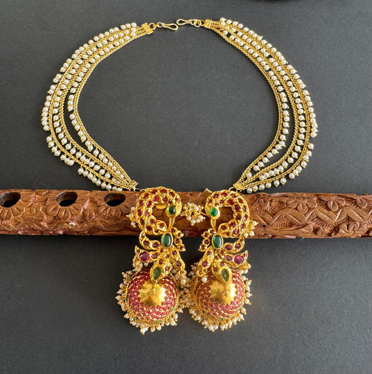 Matte finish kemp-green peacock jhumkka with pearl multilayer ear side chain dj-51492