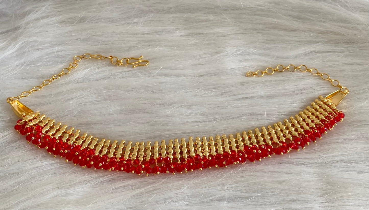 Gold tone Kerala style elakka red beaded choker necklace dj-54310