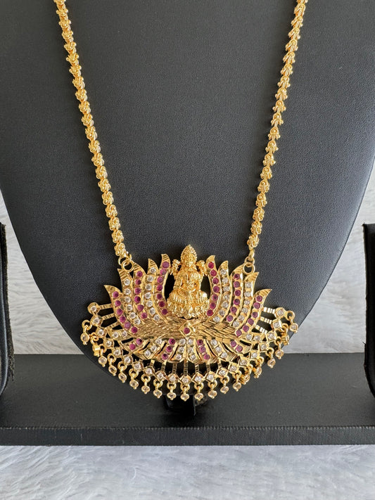 Gold tone ruby-white stone Lakshmi Lotus pendant with chain dj-38638