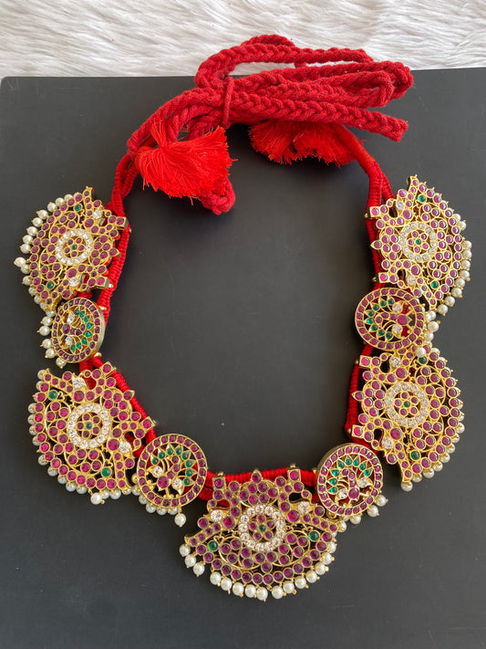 Gold tone semi precious kemp-green-white pearl bead peacock waist band dj-50448