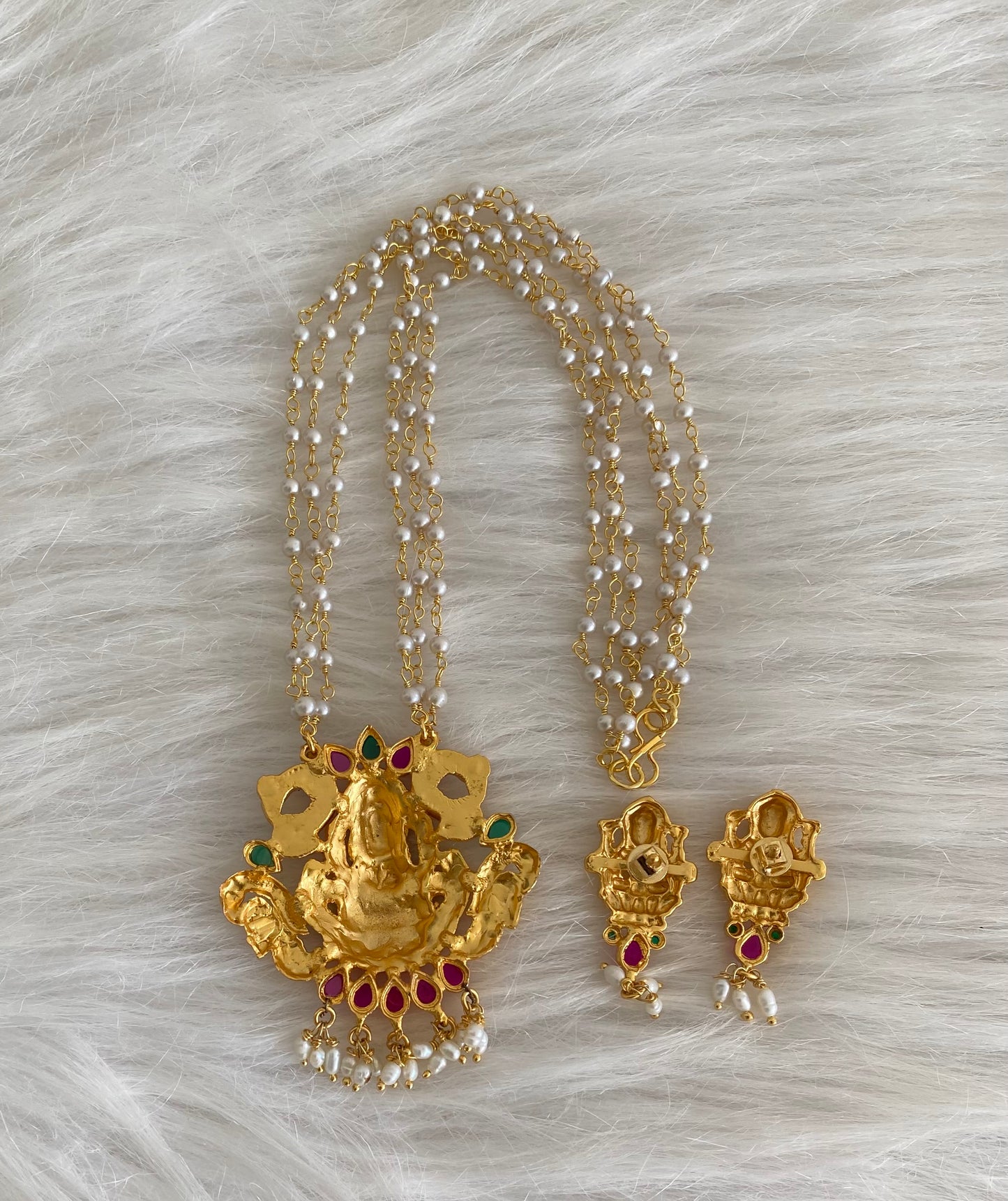 Gold tone lakshmi peacock kundan jadau pearl necklace set dj-54488