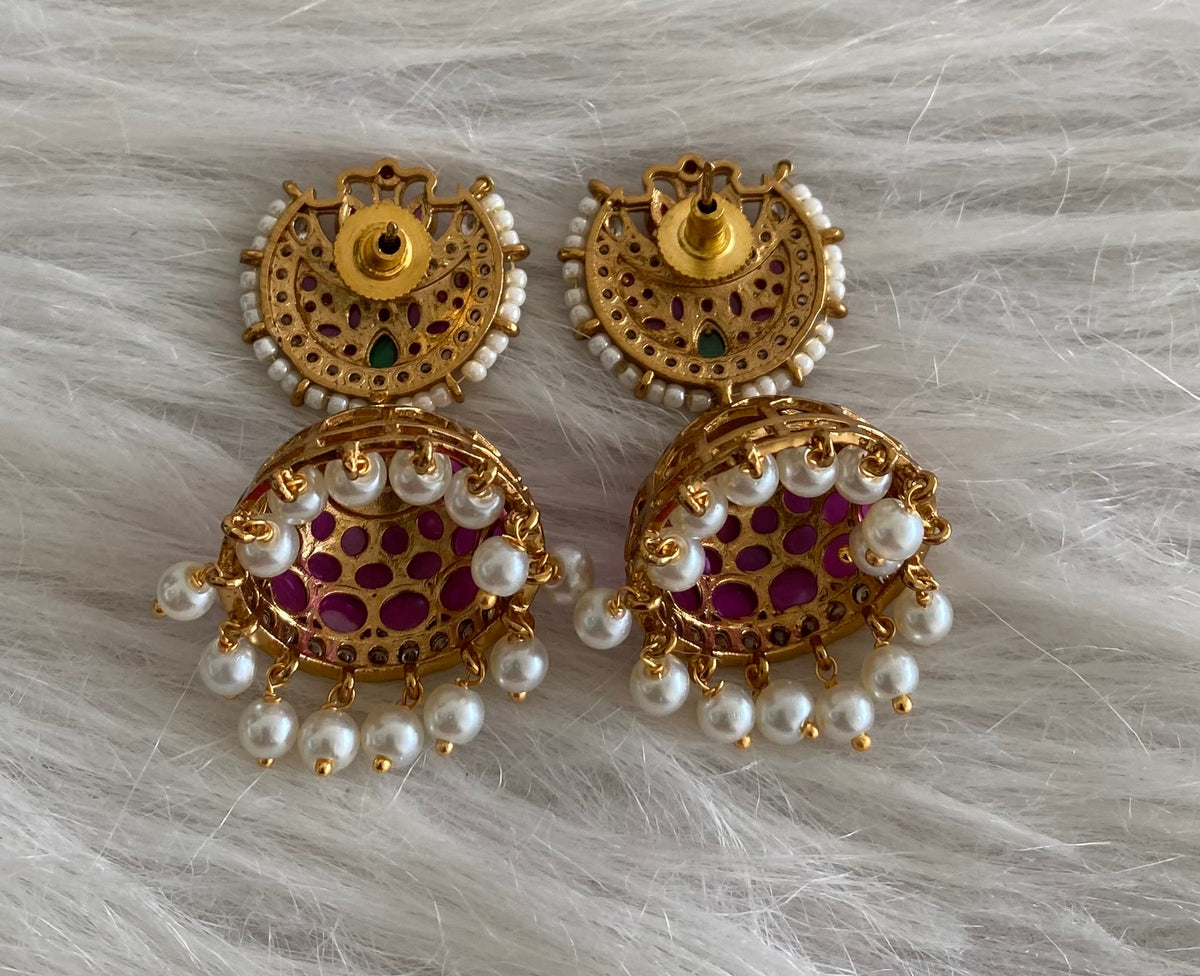 Antique gold tone kemp-green-white stone pearl moon jhumkka dj-55094
