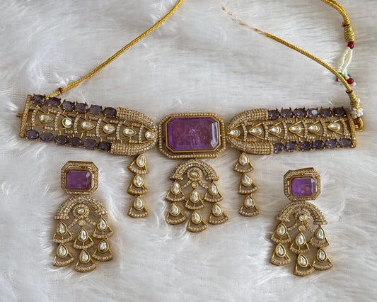 Antique gold tone cz kundan purple choker necklace set dj-51077