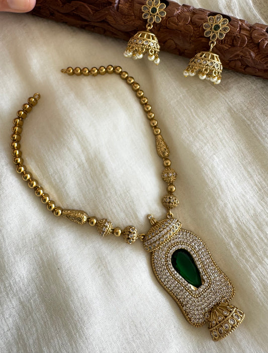 Antique gold tone pink-green-white Kerala style necklace set dj-52619