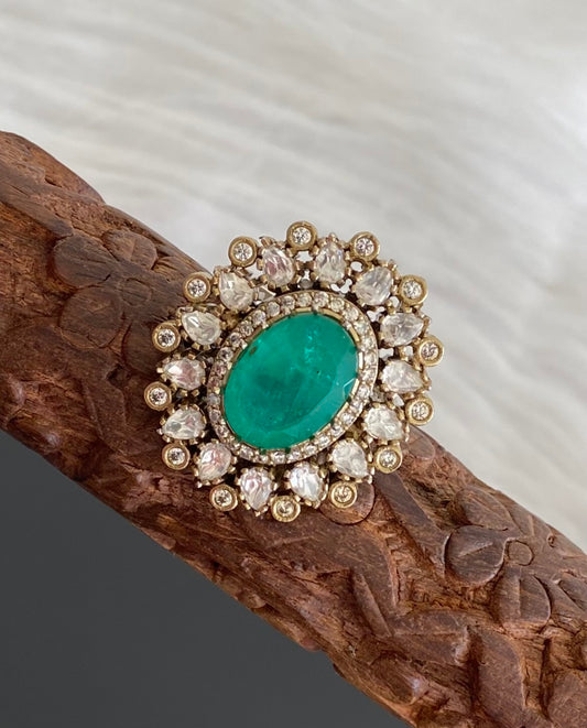 Two tone cz white-green stone finger ring dj-53684