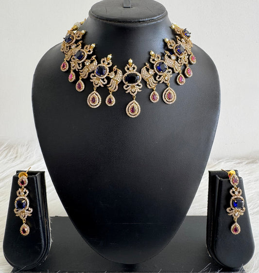 Antique gold tone cz blue-pink peacock necklace set dj-51200