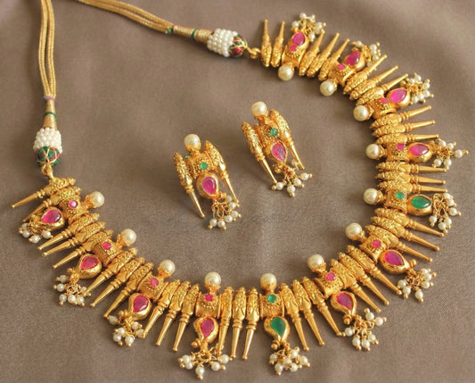 Gold Tone Ruby-green Kerala style Mango mulla mottu Necklace Set-dj07329