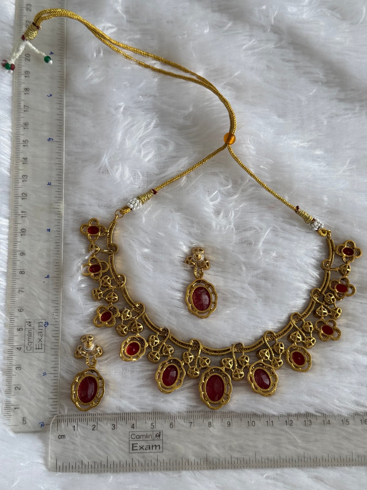 Antique gold tone cz red moissanite necklace set dj-51072