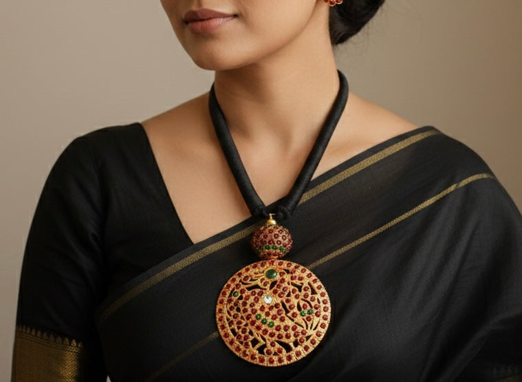 Gold tone Kemp-green round pendant black thread necklace set DJ17705