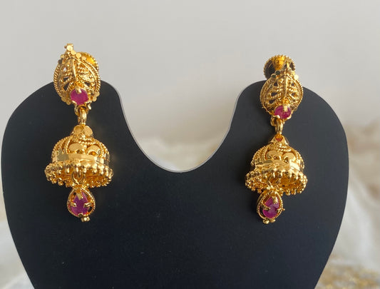 Gold tone pink stone screw back jhumkka-dj52892
